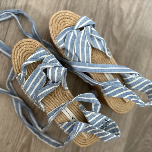 Zara Platform Tie Blue and White Striped Jute Espadrille Sandals - Picture 4 of 6